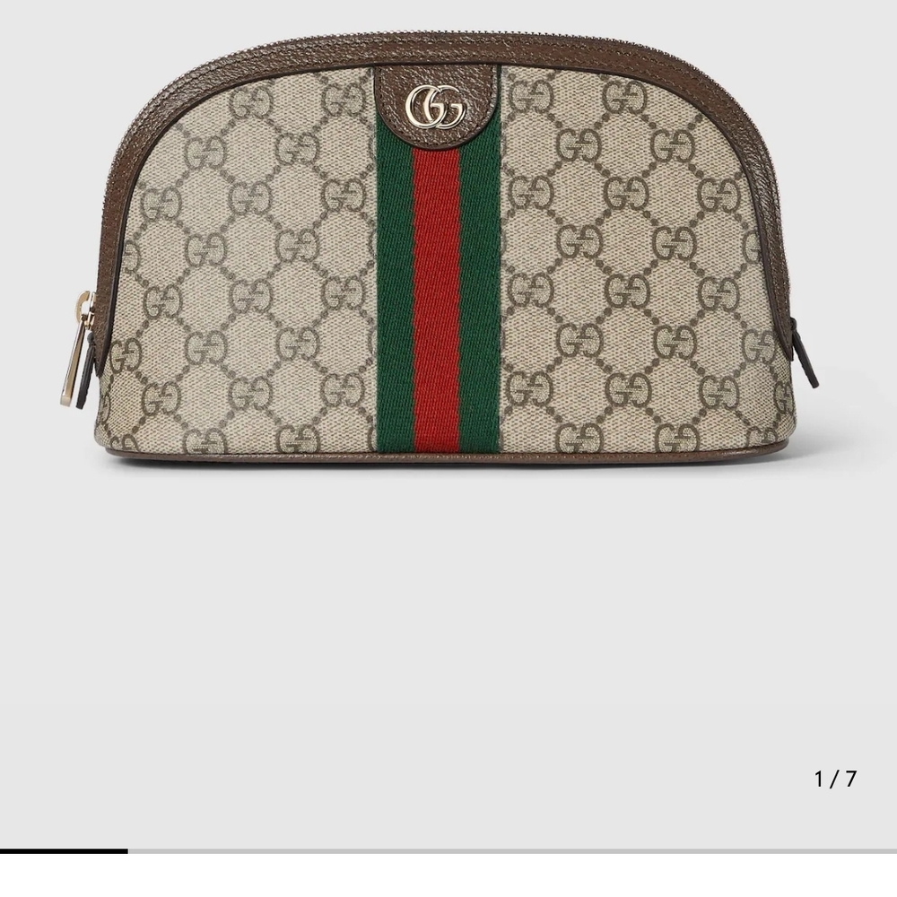 Gucci Beige and Brown Logo Pouch with Green and Red Stripe